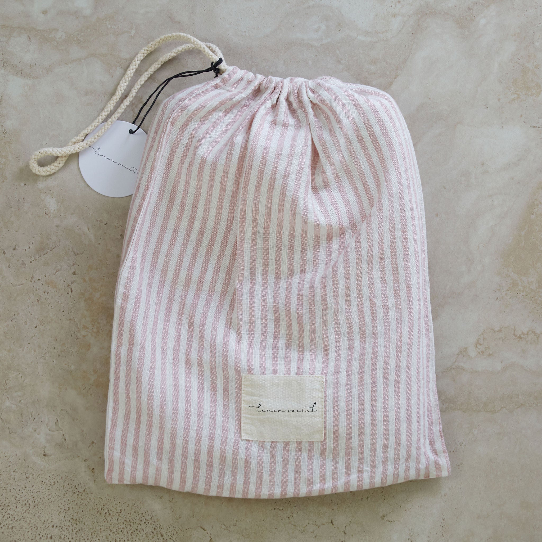 Pink Striped Linen Cot Sheet